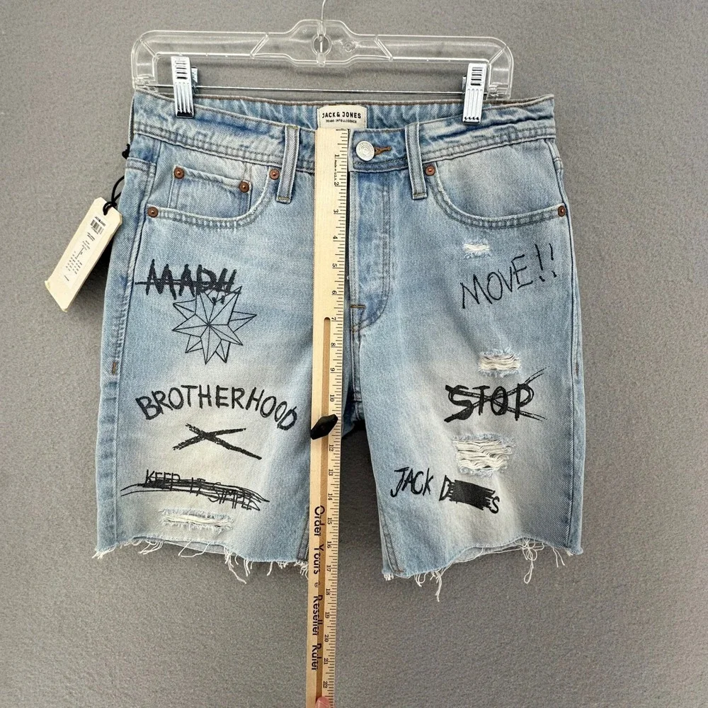Jack & Jones Denim Shorts Graffiti Distressed Raw Hem SZ S 30